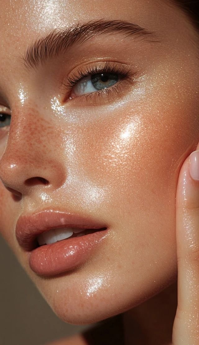 Mujer cuidando su piel frente al espejo con productos faciales, representando los errores más comunes en el cuidado de la piel y cómo evitarlos