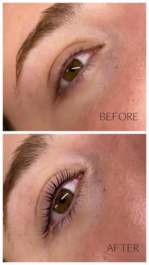 Resultado antes y después de un tratamiento de lifting de pestañas en una clienta de Hunter Beauty Bar en Aravaca.