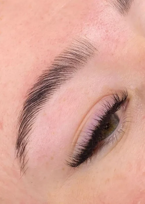 Diseño y Laminado de Cejas Profesional Primer plano de una ceja perfectamente laminada y diseñada por las especialistas de Hunter Beauty Bar, centro de estética cerca de Pozuelo.